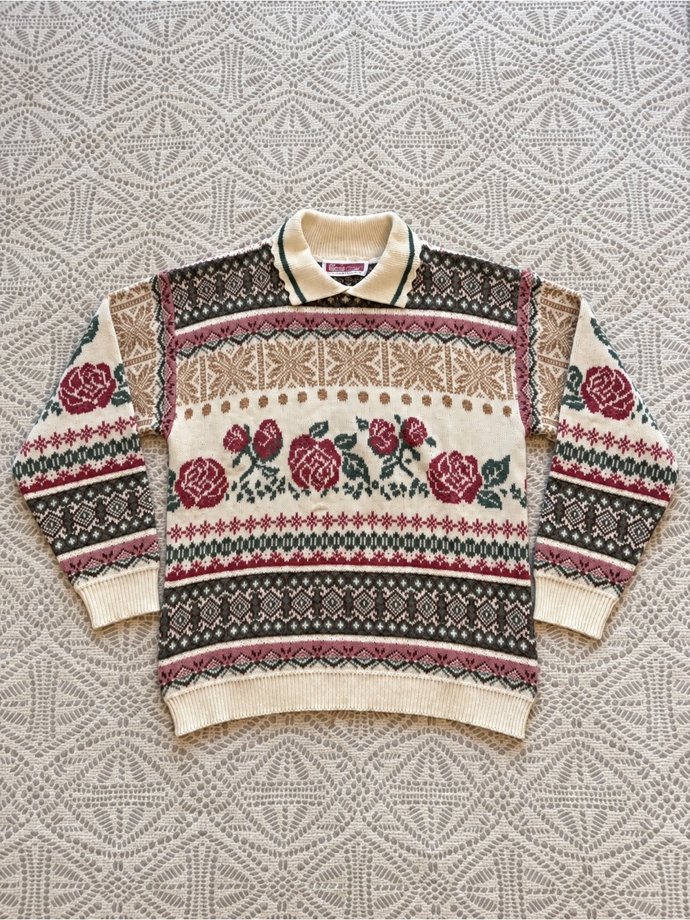 Vintage 80s/90s Grandmacore Fair Isle Rose Knit Sweater – M/L